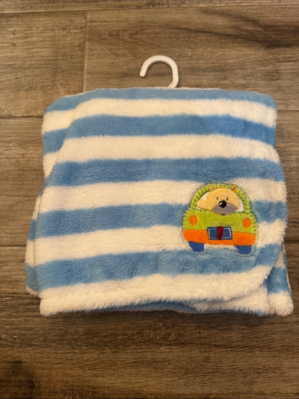 Absorba Blue and White Striped Plush Baby Blanket with Car & Bear Patch